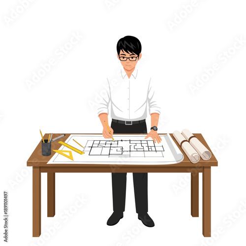 A cartoon man standing at a desk with a blueprint and architectural tools