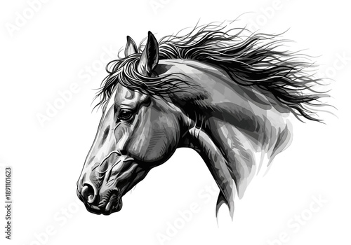 Abstract Black and White Horse Ink Illustration with Flowing Mane