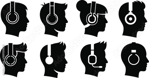 People Wearing Headphones Silhouette Vector Set with Male and Female Profile Icons for Music, Podcast, Call Center, Audio, and Communication Design Projects