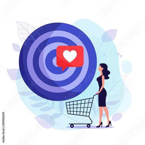 Woman pushing shopping cart with heart symbol on blue circular target graphic