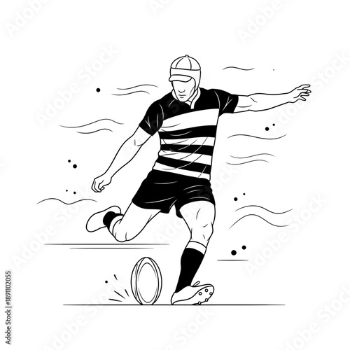 Rugby player kicking ball in black and white illustration