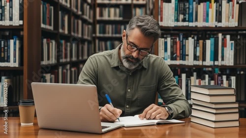 Man sitting at a desk with a laptop and books in a library writing notes