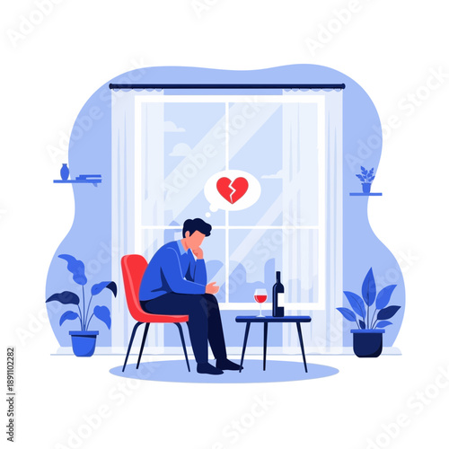 Sad man sitting by a window with a heart symbol on it feeling lonely