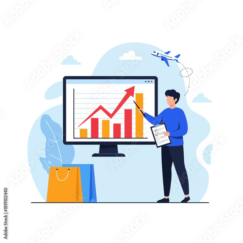 A man in blue shirt pointing at a computer screen with a graph on it with an airplane flying overhead