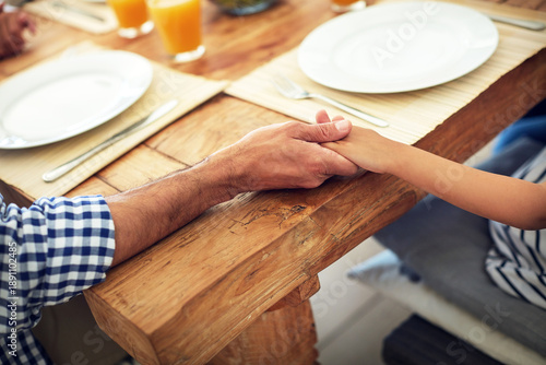 Εκτύπωση καμβά Family, lunch and holding hands with prayer for food, blessing or gratitude for nutrition
