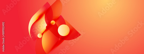 Abstract design features flowing shapes, warm colors. Red, orange hues create dynamic visual impact. Modern aesthetic.