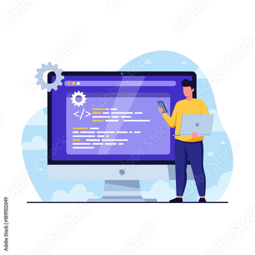 Illustration of a man standing next to a large computer monitor with a coding screen and a gear on the side with a blue background