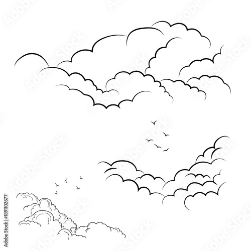 Collection of fluffy clouds of different shapes and silhouettes of birds, black and white sketch. Bushy mountain clouds, isolated on white background. Vector illustration.Outdoor summer scene