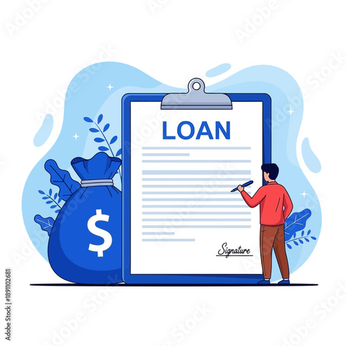 Man signing a loan document on a clipboard with a money bag