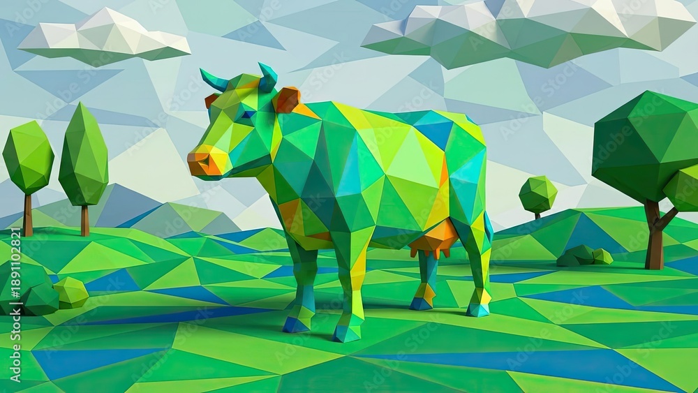 Obraz premium Cow grazing peacefully in green field concept. A vibrant geometric cow in a lush, colorful landscape.