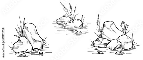 Stones, boulders, and pebbles in a swamp or on a riverbank, black and white vector illustration. Rock fragments and grass in the water, isolated on a white background.