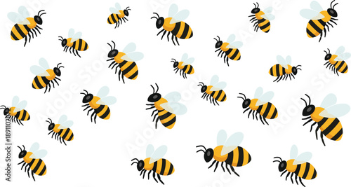 Cute Flying Bee Cartoon Vector Pattern Set with Multiple Honey Bee Illustrations for Nature Designs, Kids Graphics, Spring Themes, and Beekeeping Projects