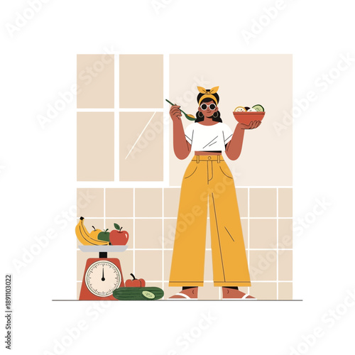 A woman preparing healthy food in the kitchen with kitchen utensils and fruits