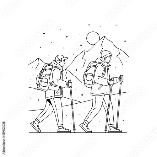 Two hikers walking in the mountains with backpacks and trekking poles at sunset