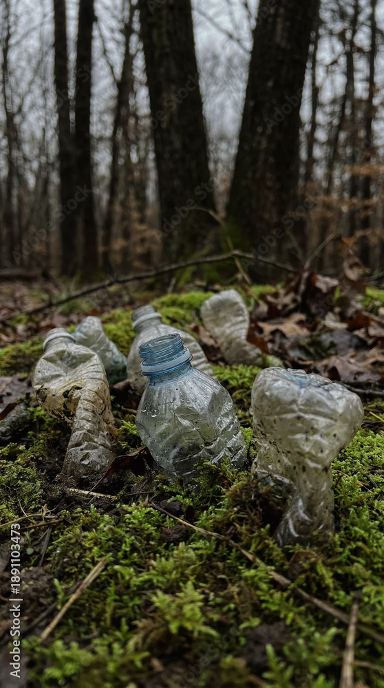Obraz premium Plastic bottles littering the forest floor