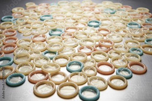 A colorful collection of condoms is spread out on a shiny surface, creating a vibrant and playful abstract pattern.