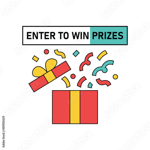 Enter to Win Prizes Banner with Gift Box and Confetti – Giveaway Contest Promotion Illustration