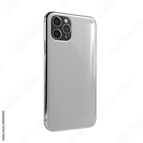 Modern smartphone back view, silver metallic, triple camera, isolated on transparent background