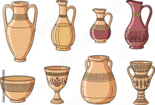 Hand Drawn Greek Amphora and Classical Pottery Outline Vector Illustration
