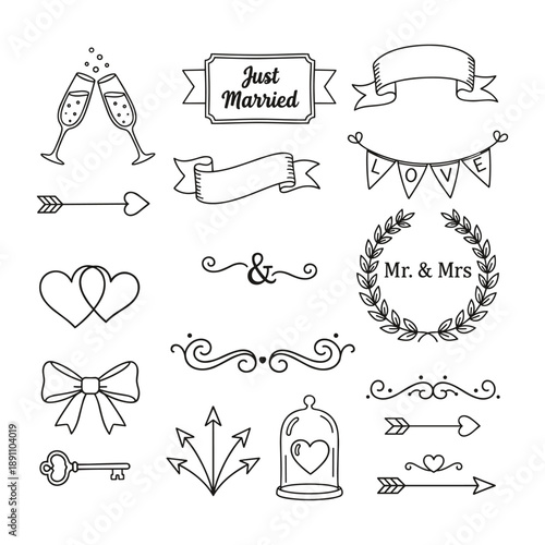 Hand Drawn Wedding Ornament Icon Set in Black and Line Art on Transparent Background