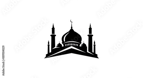 Black silhouette mosque illustration with domes and minarets crescent moon symbolizing islamic faith and culture simple design on white background