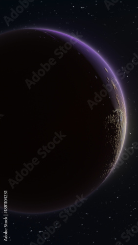 Canvas Print Dark planet with violet rim light and drifting asteroid dust in deep space, cine