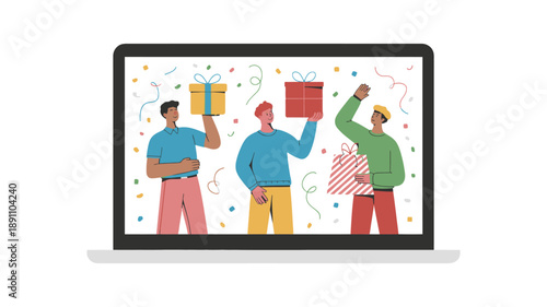 Diverse group of people celebrating with gifts and confetti on a laptop screen