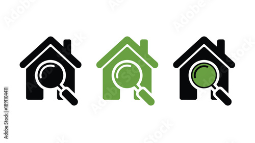 House Search Magnifying Glass Over Home Symbol in Black and Green