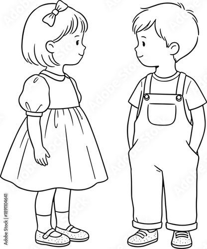 Cute children line art illustration of boy and girl standing together friendship childhood innocence simple vector design coloring book outline