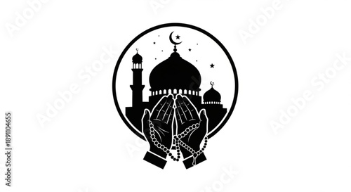 Islamic mosque silhouette with prayer rug and crescent moon in circular frame black and white vector illustration