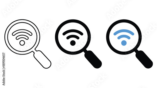 Magnifying glass with Wi-Fi symbol, representing search for wireless internet connection