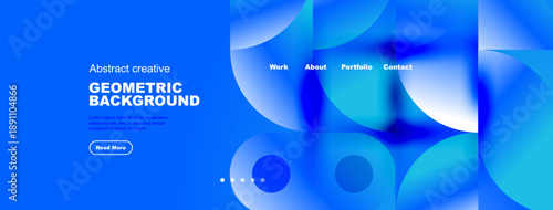 Bright blue website mockup displays geometric shapes, text, navigation menu. Modern design promotes creativity, portfolio access.