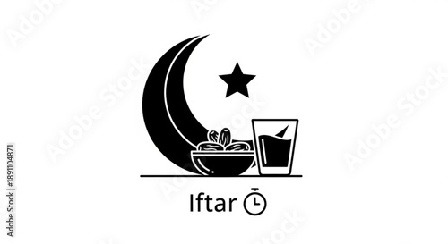 Ramadan iftar illustration with crescent moon star dates and beverage in simple black and white design