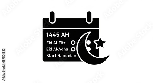 Islamic calendar date 1445 ah with eid al fitr eid al adha and ramadan start dates marked on calendar icon