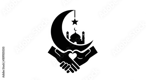 Hands shaking under crescent moon and mosque silhouette symbolizing peace unity and islamic faith in minimalist black design