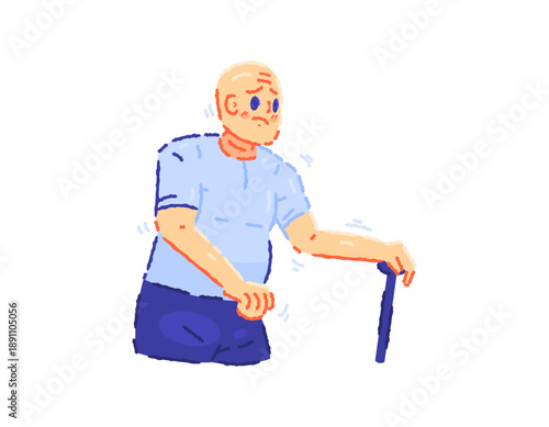 Illustration of a grandfather with a trembling body. An elderly man suffering from Parkinson's. Tremors in the hands, feet, or other body parts. old man character. Pose, facial expression, gesture. 