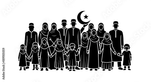 Diverse muslim family group standing together holding hands with crescent moon and star symbol vector illustration on white background
