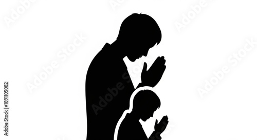 Silhouette of father and son praying together in harmony and spiritual devotion with hands clasped
