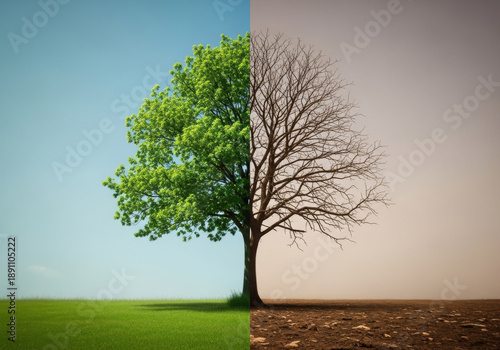 Single tree dividing green future and dry climate change reality