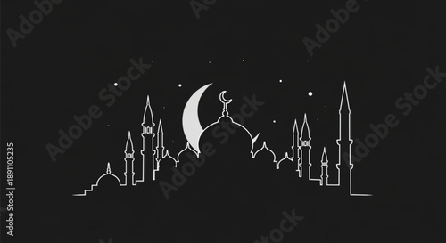 Islamic city skyline with crescent moon and stars at night white line art on black background symbolizing ramadan and spirituality