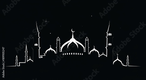 Islamic mosque silhouette with crescent moon against starry night sky white outline on black background serene architecture