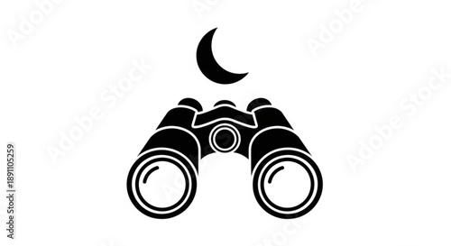 Black binoculars with crescent moon symbol on white background stargazing and astronomy concept