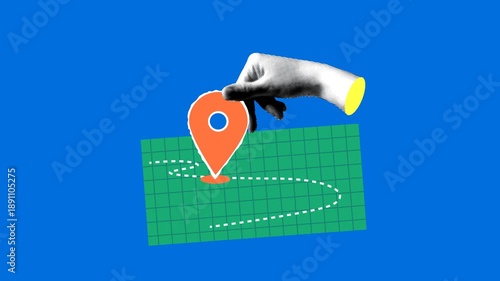 Halftone hand moves a navigation sign. Red location pin symbol with road. Destination sign on the map. Travel and delivery concepts. Collage animation