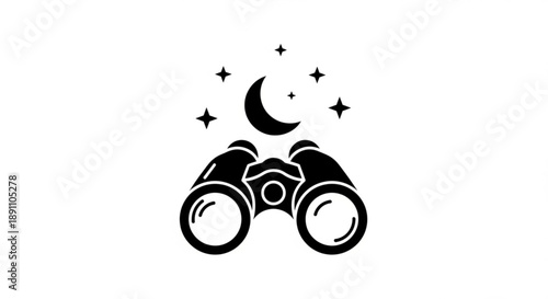 Binoculars gazing at crescent moon and stars in night sky illustration