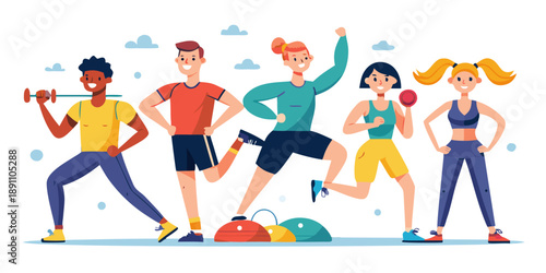 Vector flat illustration set of line art female and male fitness trainer sports in uniform poses