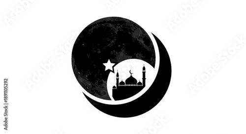 Islamic crescent moon symbol with mosque and star illustration in minimalist black and white design for cultural celebration