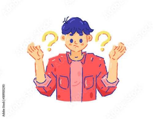 Illustration of a young man confused and wondering. Thinking to find an answer. Person with question symbol. Handsome male character. Doubtful, confused, and uncertain. Flat outline crayon style. 