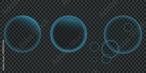 Blue translucent soap bubbles floating against a dark transparent background, abstract water effect