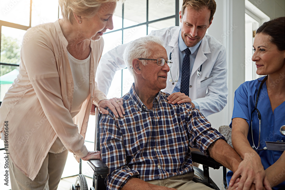 Obraz premium Consultation, doctor and nurse with senior man in nursing clinic for healthcare discussion. Couple, checkup and elderly male patient in wheelchair with medical employees in retirement facility.