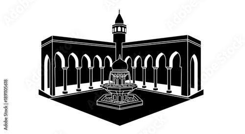 Islamic mosque courtyard with dome and minaret illustration architectural design black and white vector art